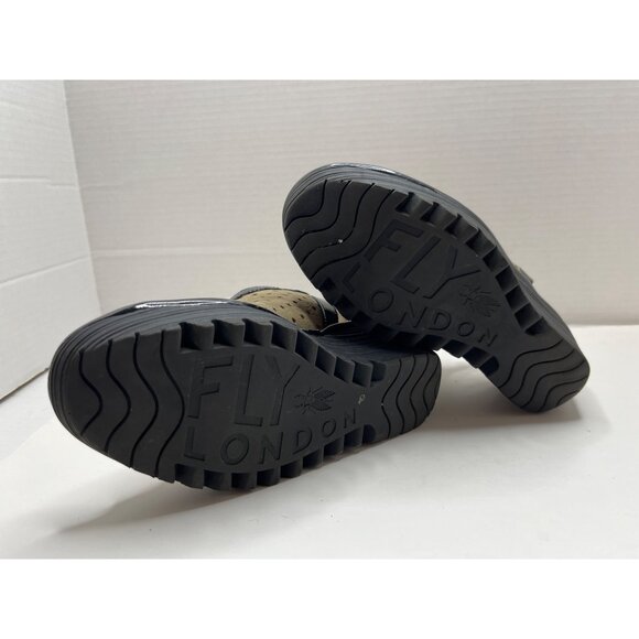 Fly London Yile Black Tan Suede Perforated‎ Leather Wedge Heel Sandals Size 37 - Picture 5 of 8